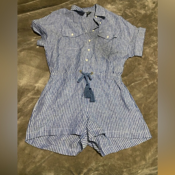 Lauren Ralph Lauren Pinstripe Linen Shorts-Sleeve Romper size 2P - Picture 2 of 8